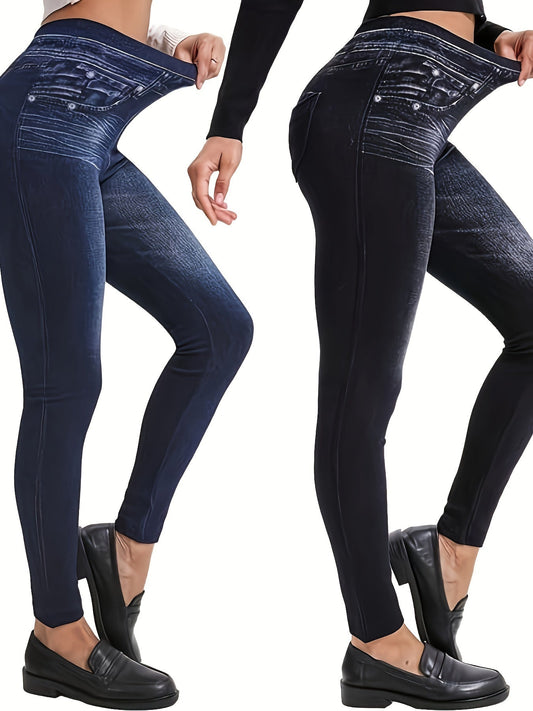 2 Pack Imitation Denim Print Pants - Casual Stretchy Everyday Pants for Women