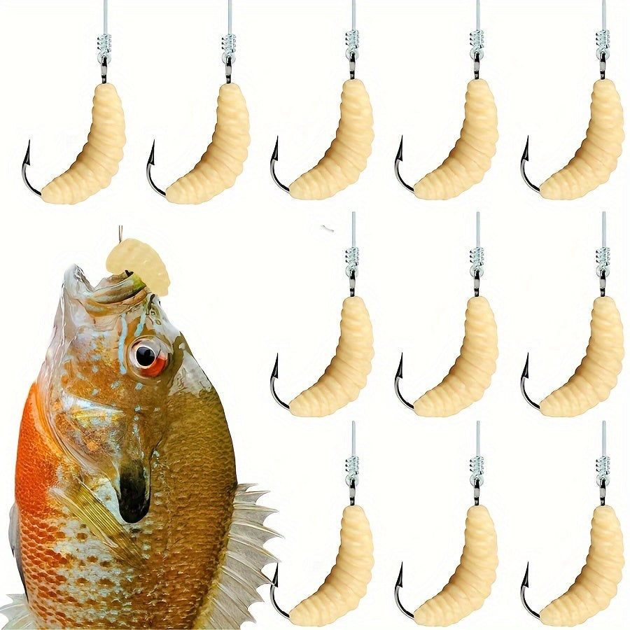 Premium Rubber Maggot Fishing Lures – 12pcs Set for Trout, Crappie & Freshwater Fish with Hooks