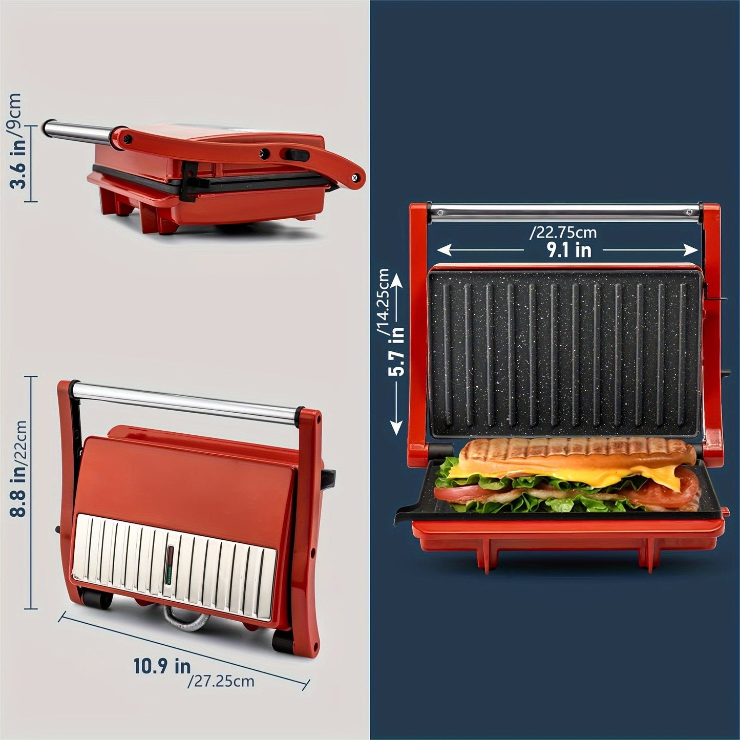 180-Degree 3-in-1 Electric Indoor Grill and Panini Press - Non-Stick Cooking Plates, Floating Hinge, Grease Tray