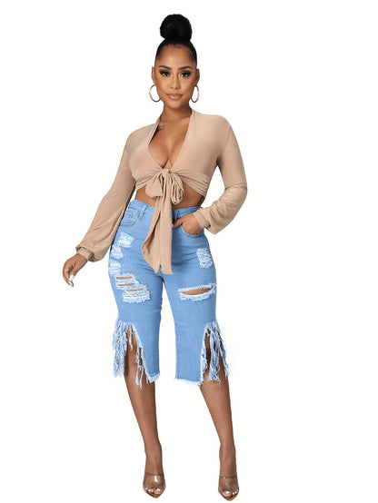 Women's Casual Distressed Denim Midi Shorts – Raw Fringe Hem, Ripped Split Detail – Fashionable Summer Jorts