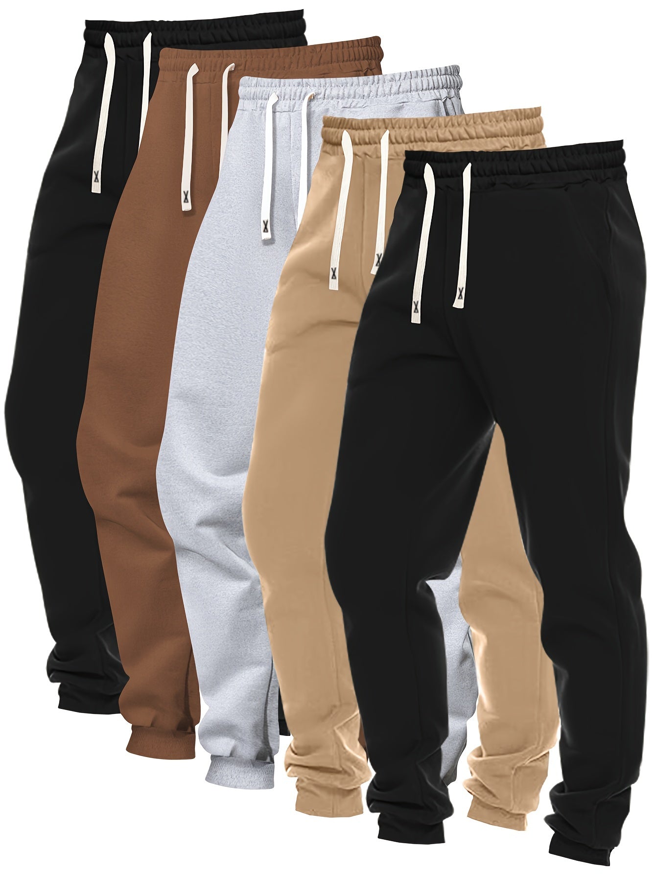 5pcs Men's Solid Color Sweatpants Set: Regular Fit, Cuffed with Drawstring & Pockets, Casual Trousers for Jogging & Outdoor Sports