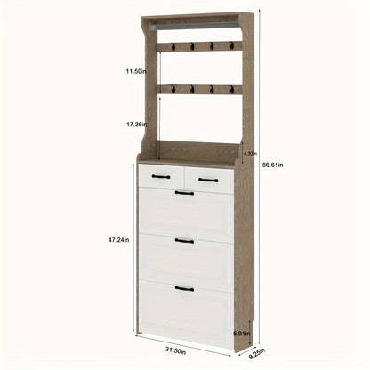 Narrow Shoe Cabinet Set – 3 Doors and 2 Drawers, Wooden Hallway Shoe Rack, White Flip-Style, Ideal for Corridors and Apartments