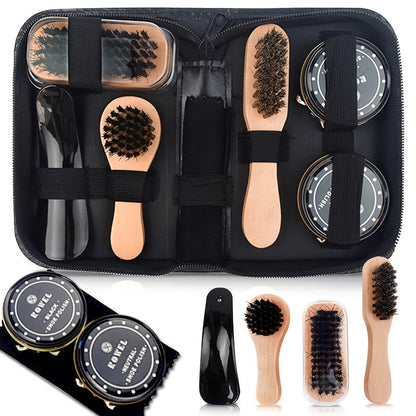8 Piece Premium Shoe Shine Kit – Faux Fur Brushes, Black PU Case, Shoe Polish Set for Boots & Shoes, Non-Washable with Natural Wax for High Gloss Shine