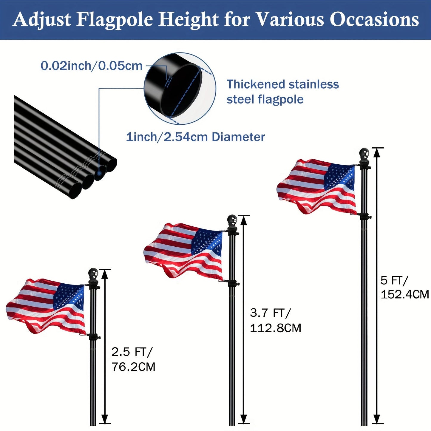 Black 5FT Wall-Mounted Flagpole Kit – Stainless Steel Flag Pole with Bracket & Mounting Rings for Porch, Yard, Garden, Outdoor & Commercial Use (No Flag)
