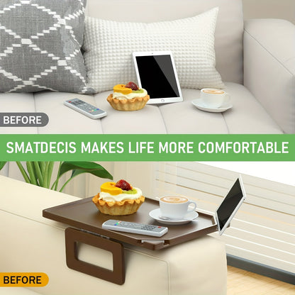 Brown Bamboo Sofa Tray Table with Armrest Clamp - Foldable Rectangular Multifunctional Table with Double Bracket - Ideal for Sofas and More