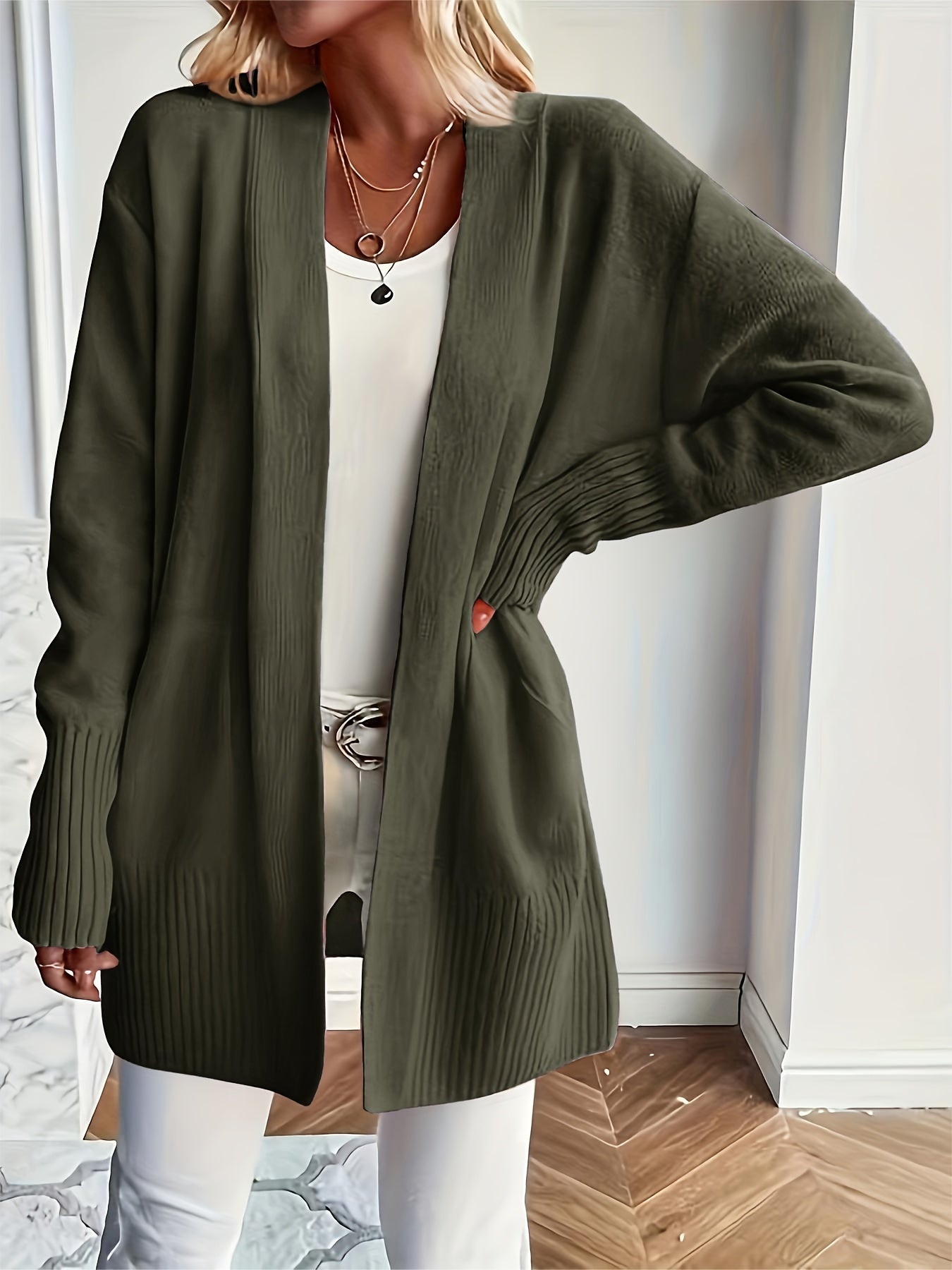 Solid Open Front Knit Cardigan - Casual Long Sleeve Loose Sweater with Pockets, Women's Clothing