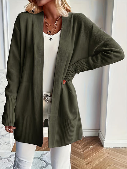 Solid Open Front Knit Cardigan - Casual Long Sleeve Loose Sweater with Pockets, Women's Clothing