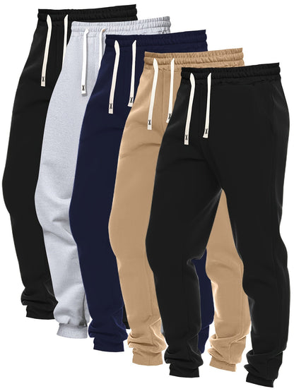 5pcs Men's Solid Color Sweatpants Set: Regular Fit, Cuffed with Drawstring & Pockets, Casual Trousers for Jogging & Outdoor Sports