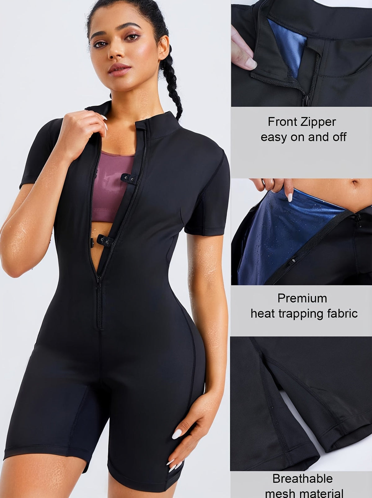 Junlan Women's Full Body Sauna Shapewear Suit – Half-Zipper Short Sleeve One-Piece Romper for Waist Training and Weight Loss