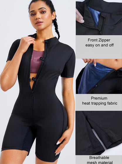 Junlan Women's Full Body Sauna Shapewear Suit – Half-Zipper Short Sleeve One-Piece Romper for Waist Training and Weight Loss
