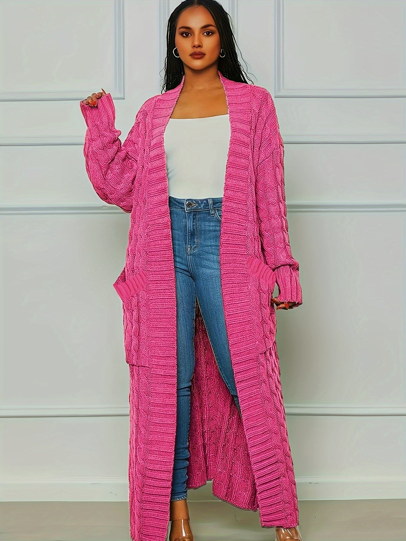 Long Length Cable Knit Cardigan – Elegant Solid Long Sleeve Sweater with Pockets – Women's Clothing