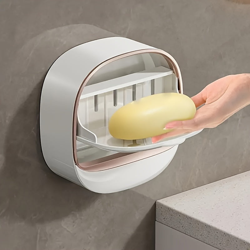 Wall-Mounted Soap Dish with Lid – No Drill, Double-Layer Holder for Bathroom & Kitchen Storage