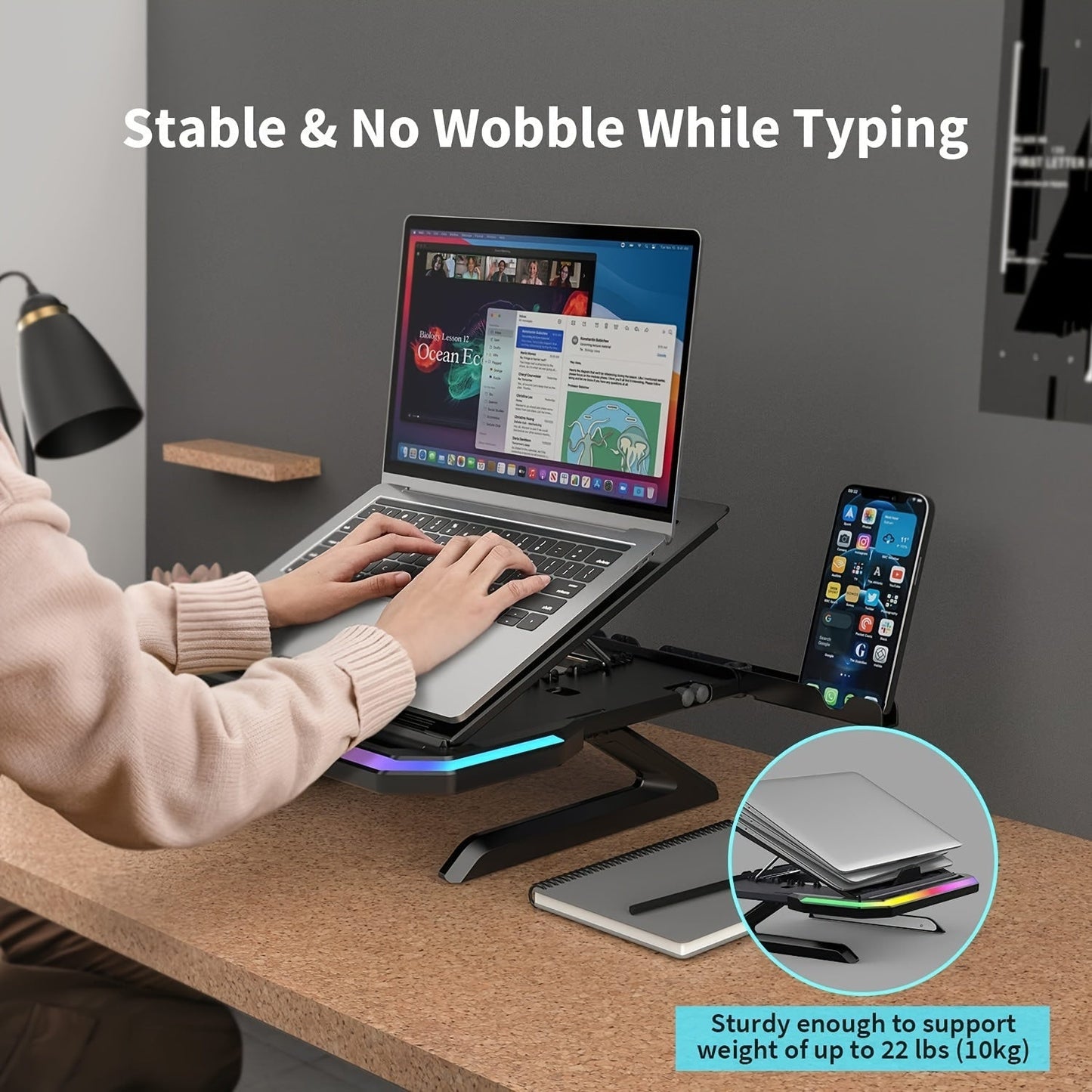 Height-Adjustable Laptop Stand with RGB Lighting and Dual Phone Holders – Compatible with MacBook, Surface, Samsung, Dell 10-17 Inch Laptops