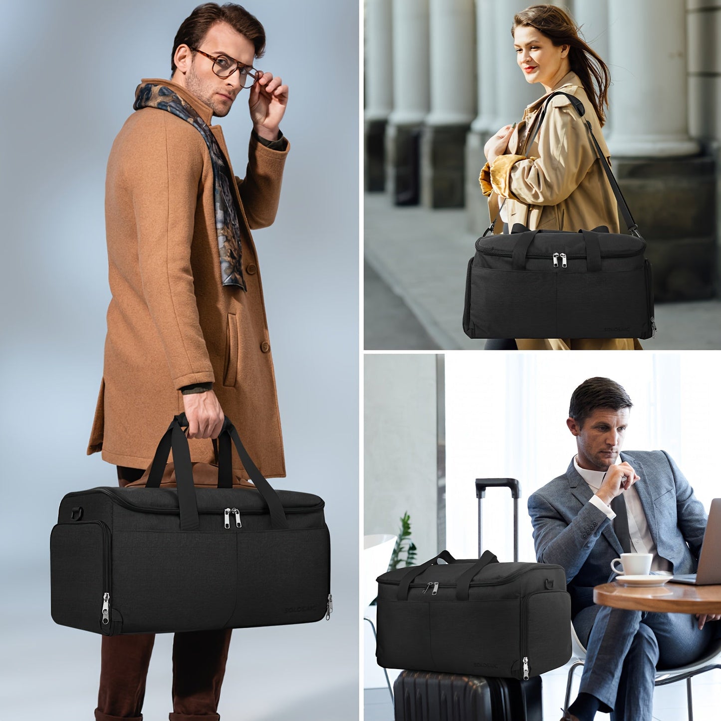 SOLOSAIC Convertible Carry-On Garment Bag - 2 in 1 Travel Duffle with Shoe Compartment, Hanging Dress Suitcase and Toiletry Bag for Men and Women, Black
