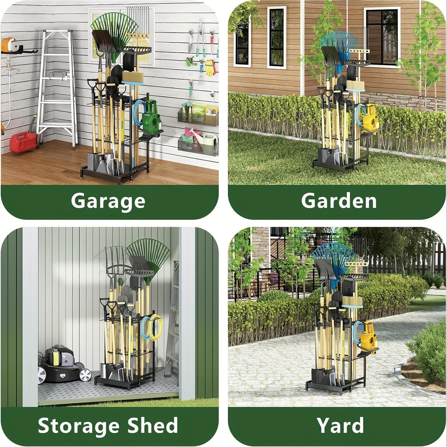 Heavy-Duty Tool Organizer Rack - Spacious Storage for Long-Handled Gardening Tools, Hooks, and Accessories - Durable Metal Construction, Sturdy Black Design, Ideal for Garage and Utility Storage