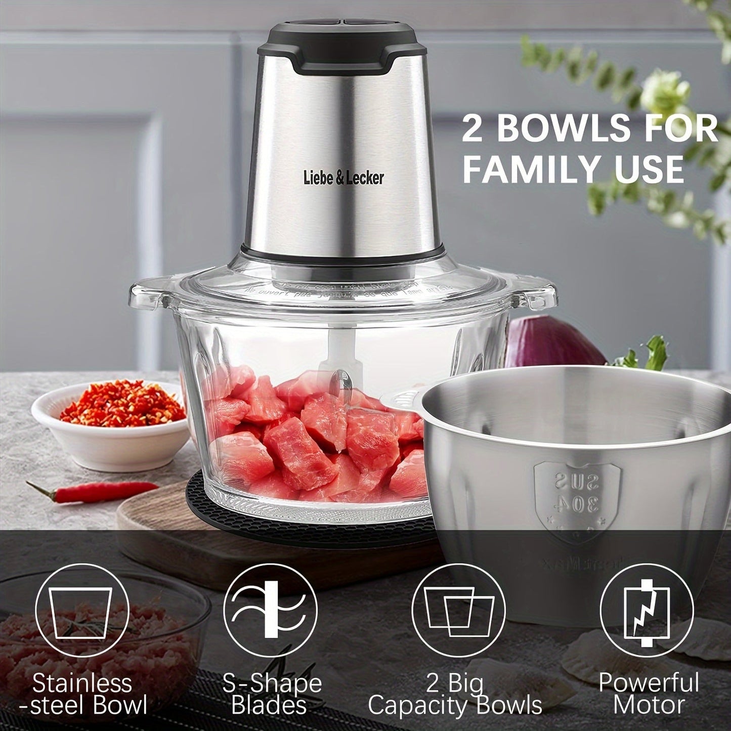 2 Bowl Electric Food Processor with Meat Grinder - 8 Cup Capacity, 4 Sharp Blades for Fruits, Vegetables, Nuts & Baby Food, 2-Speed Settings