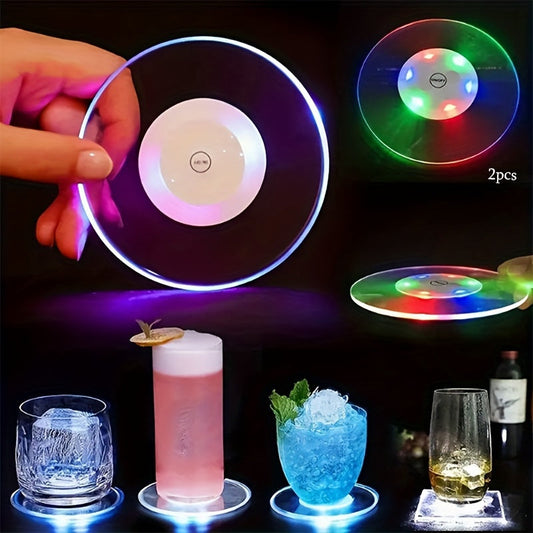 Buy 1 Get 1 Free - 2pcs Ultra-Thin Acrylic Crystal LED Coasters - Round Light-Up Drink Mats with Flashing Colors, Illuminated Base - Modern Dining Table Decor and Party Supplies