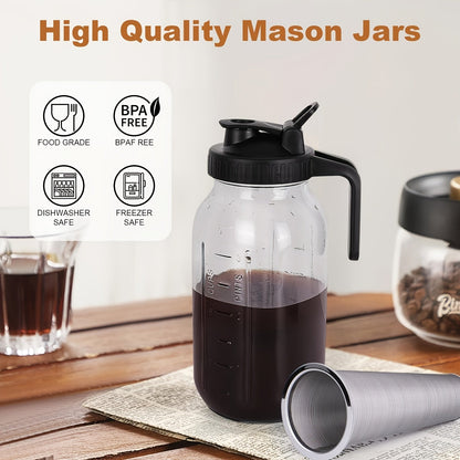 64oz Large Capacity Cold Brew Coffee Maker – Ultra-Dense Filter, 3-Step Brewing, BPA-Free Mason Jar, Includes Cleaning Brush – Effortless Iced Coffee