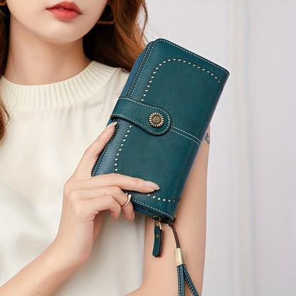 RFID Large Capacity Women's Wallet - Retro Style, Multi-Card, Solid Color with Zipper and Wrist Strap