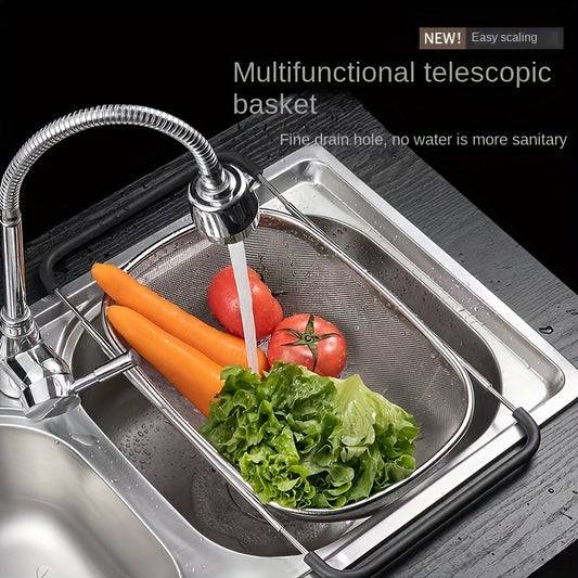 Stainless Steel Sink Colander and Vegetable Washing Basket - Adjustable Strainer Rack for Fruits and Vegetables - Multifunctional Kitchen Gadgets and Accessories