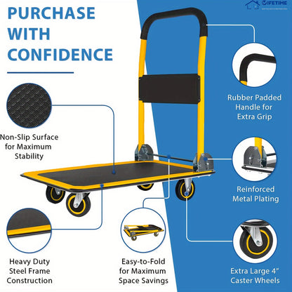 Heavy-Duty Large Foldable Push Cart Dolly - 330/660 Lbs Capacity, Collapsible Steel Flat Bed Wagon with Swivel Handle, Blue, White/Black, Yellow - Ideal for Moving & Transport
