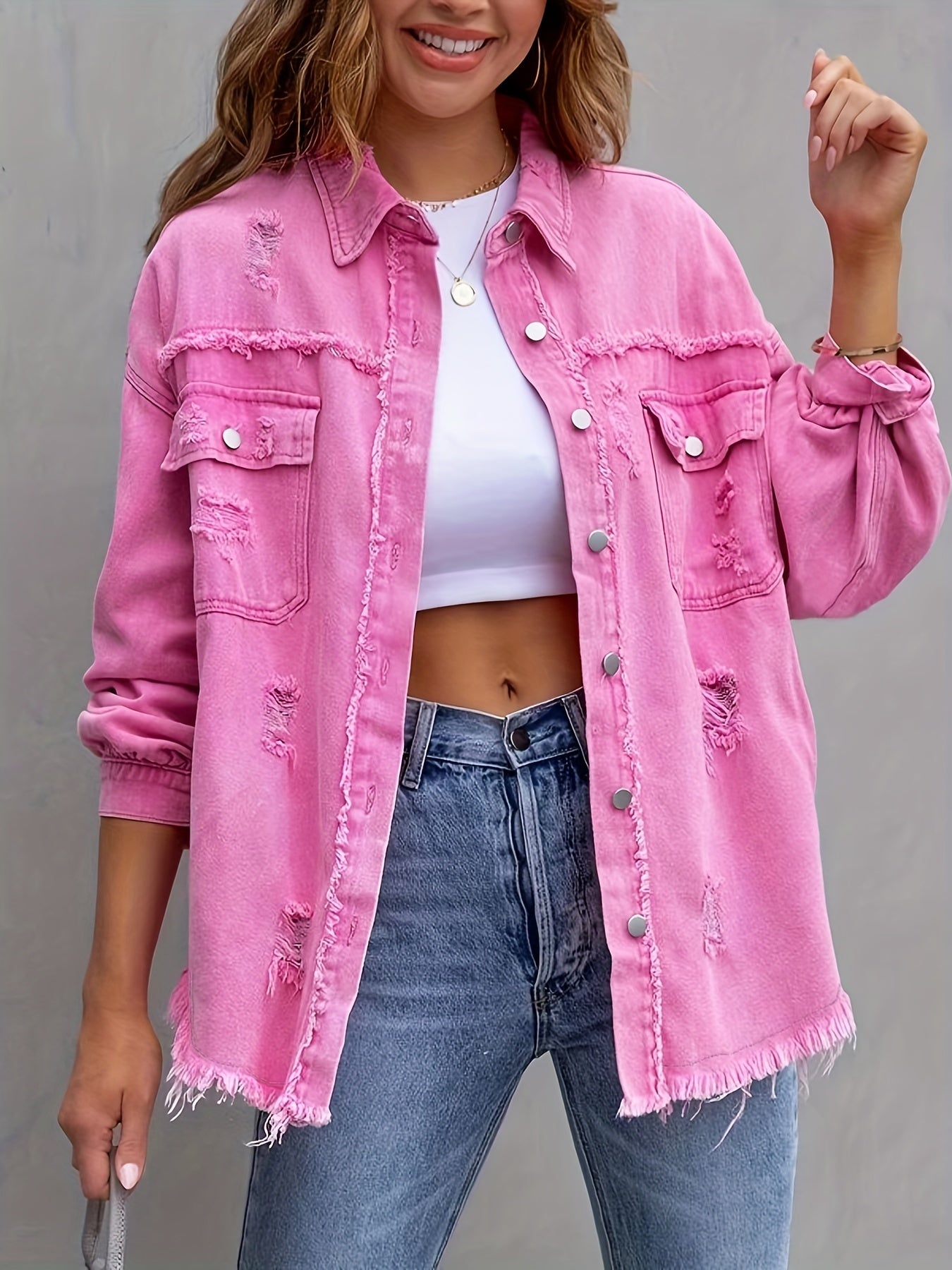 Women's Plus-Size Denim Blazer with Distressed Holes