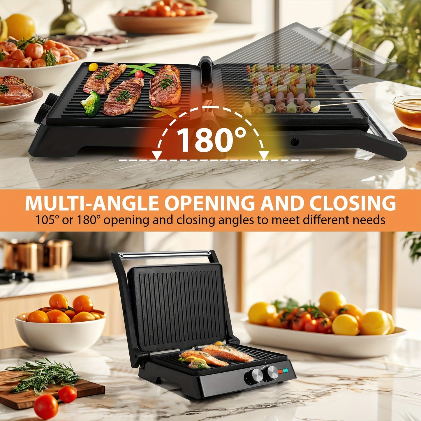 180-Degree 3-in-1 Electric Indoor Grill and Panini Press - Non-Stick Cooking Plates, Floating Hinge, Grease Tray