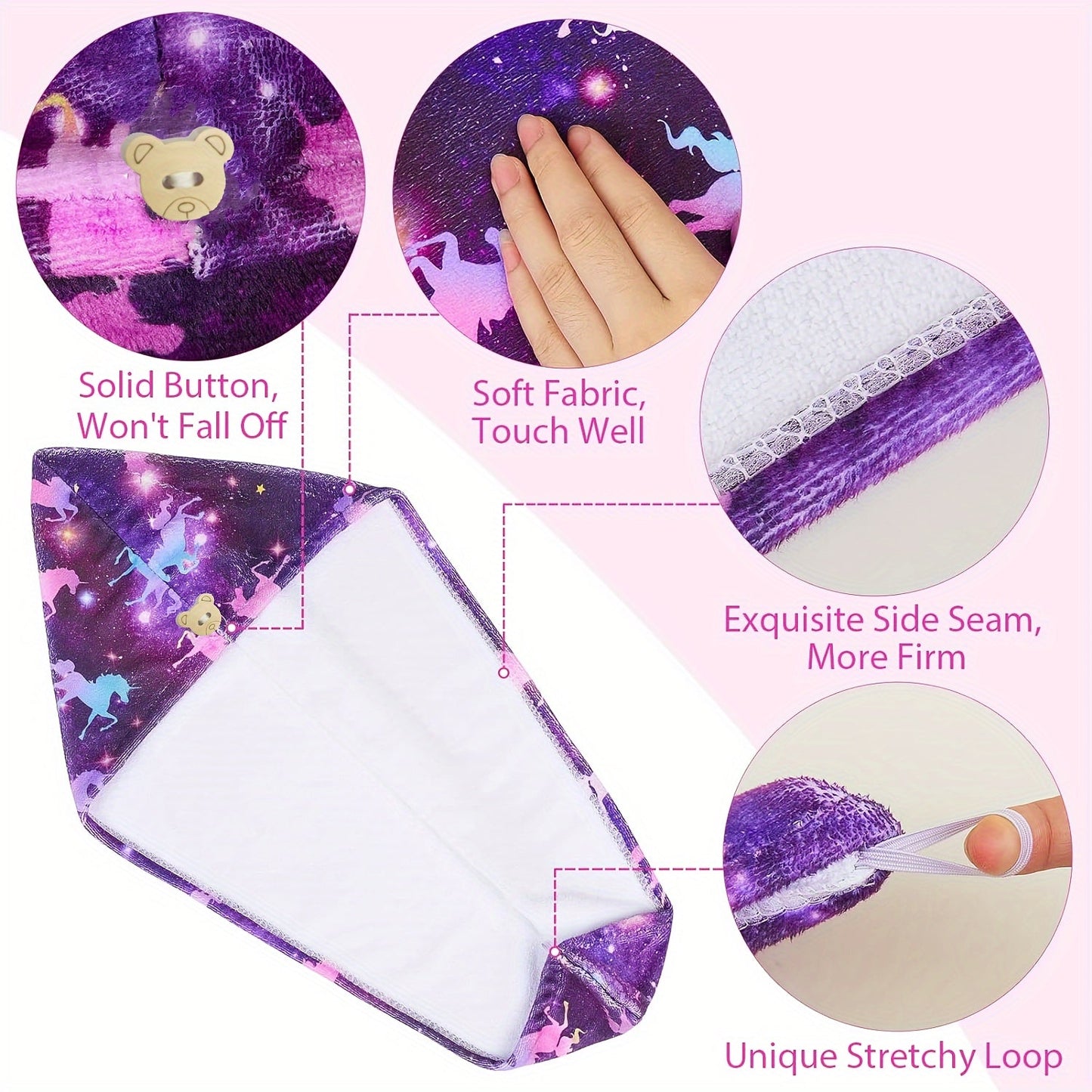 Soft and Absorbent Microfiber Cartoon Hair Towel Wrap - Quick Dry, Button Closure, Fun Patterned Design for Kids and Women - Bathroom Essentials
