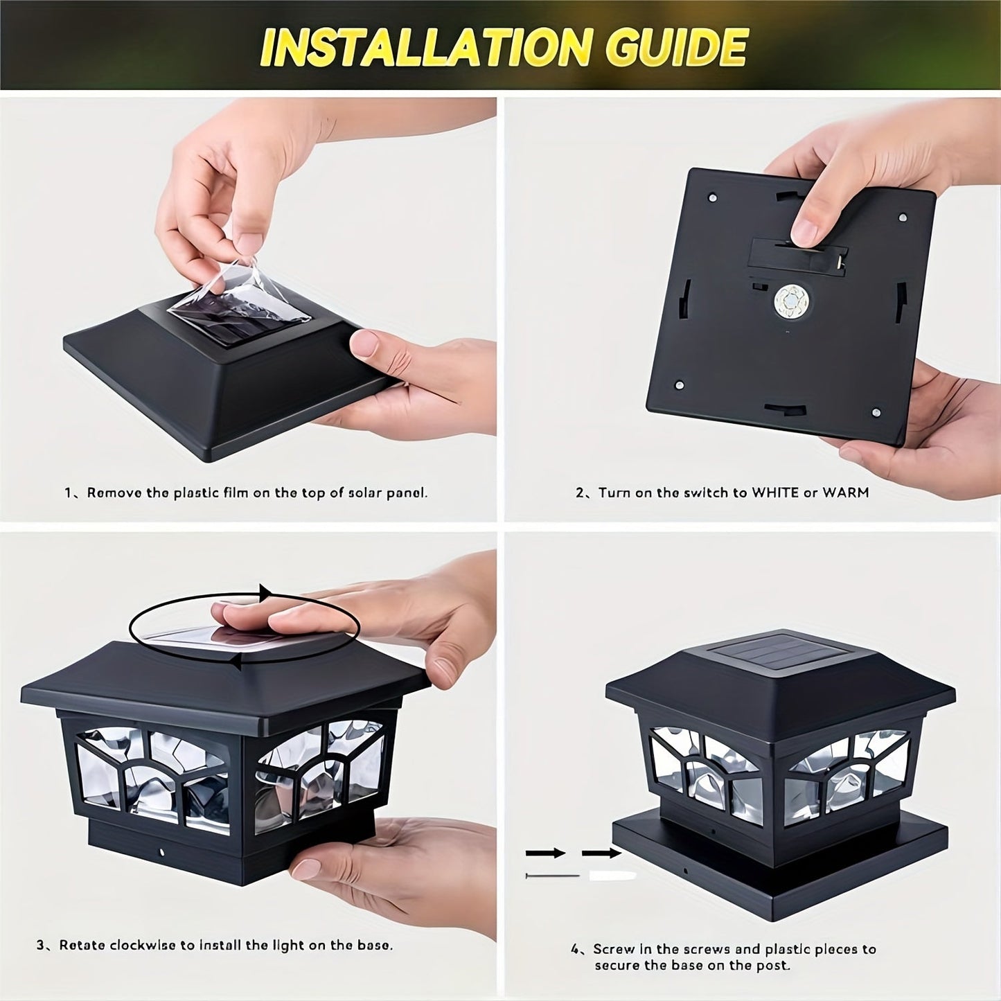 6 Pack Solar Fence Post Cap Lights – Waterproof Outdoor Deck Lights with 8 LEDs, Dual Light Modes ( Warm/Cool White ) for 4x4/6x6 Wooden/Vinyl Posts – Ideal for Garden, Deck, Patio
