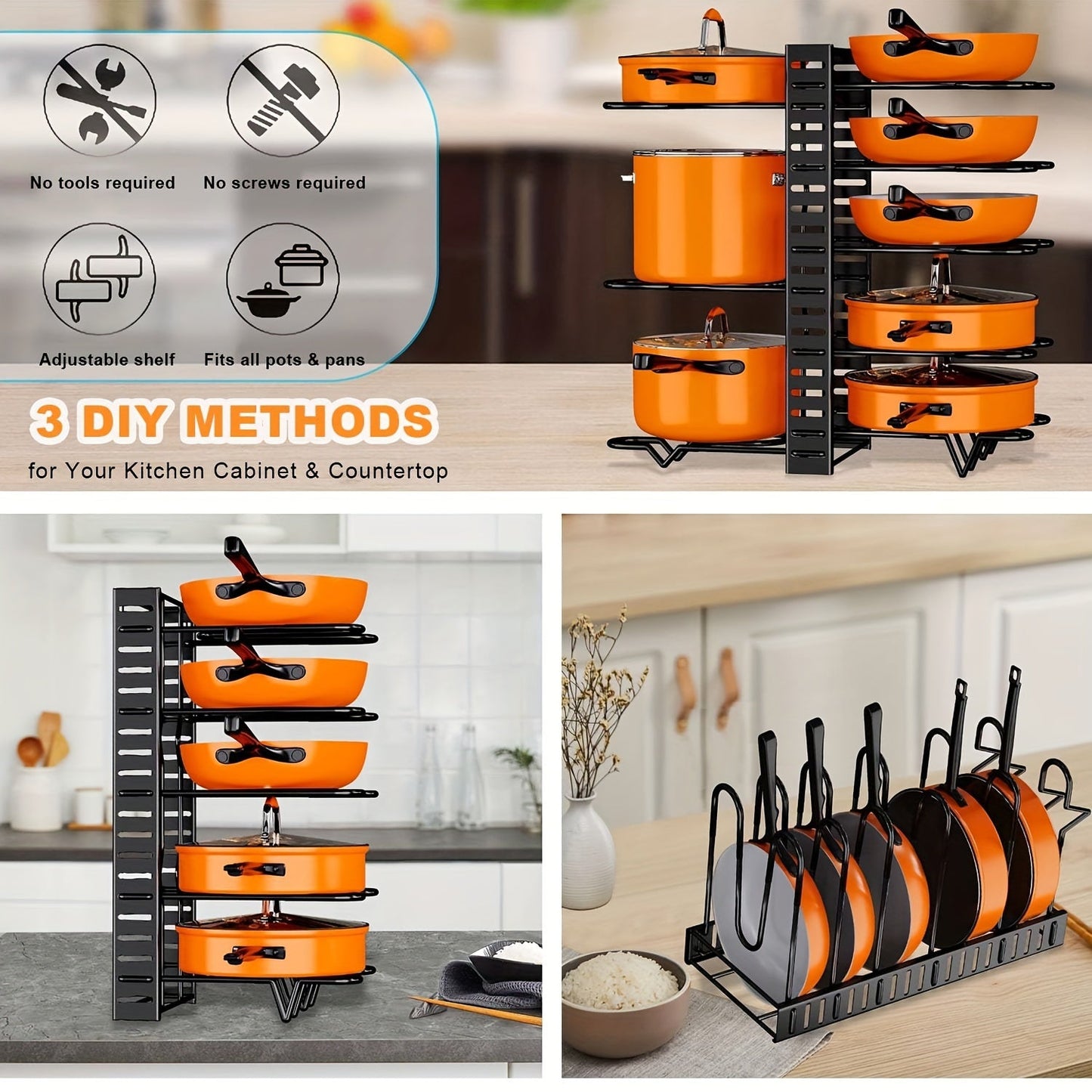 8-Tier Pot Organizer Rack - Metal Kitchen Cabinet Storage for Pots and Pans, Space-Saving Holder