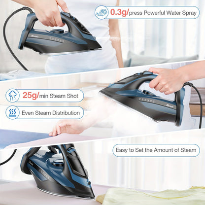 1700W Steam Iron with Rapid Heating - Ceramic Coated Soleplate, Precise Thermostat Dial, Self-Cleaning, Auto-Off, 15.21oz Water Tank - Blue