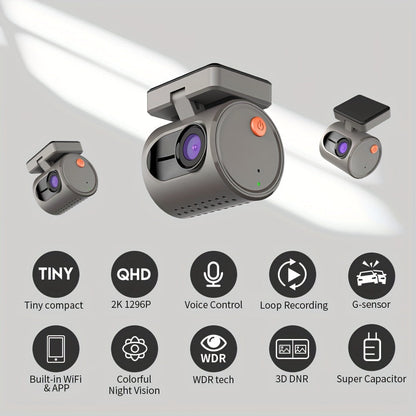 KAWA 2K 1296P Mini Dash Cam – Car DVR with Emergency Voice Control, Night Vision, WiFi App, and Super Capacitor