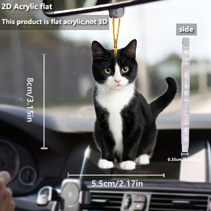 Acrylic Tuxedo Cat Hanging Ornament - Black and White Kitty Pendant with Plush Texture for Car and Bag Decor