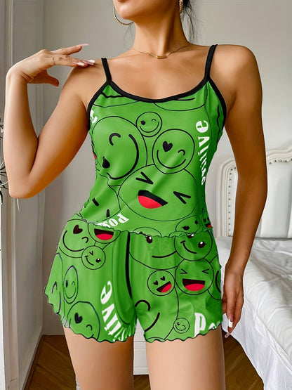 Smiling Face Print Pajama Set - Women's Cute Round Neck Backless Cami Top and Elastic Shorts Sleepwear