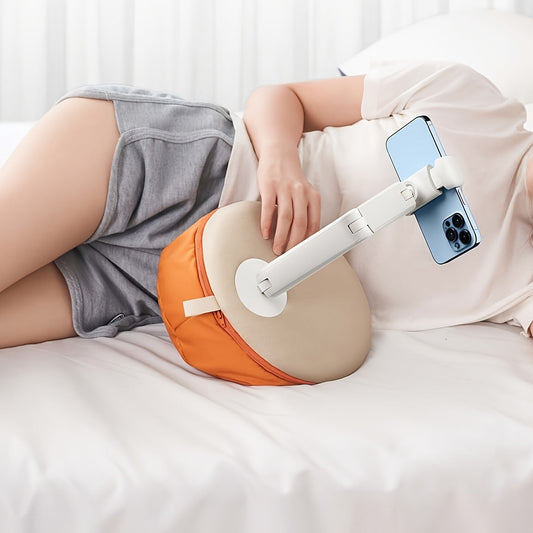 Soft Detachable Phone Holder – Adjustable Pillow Cushion Stand for Bed and Car, Orange and Gray, Ergonomic Design for Comfortable Viewing