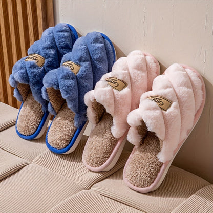 Cozy Plaid Colorblock Slippers for Men & Women - Warm, Non-Slip Indoor Shoes with Soft Faux Rabbit Fur Lining [Fast Arrival]
