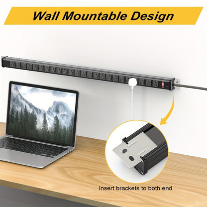 24 Outlet Heavy Duty Metal Power Strip - 10 Ft Extension Cord, Wall Mountable, Surge Protected, Space-Saving Design for Industrial, Commercial, and Home Use
