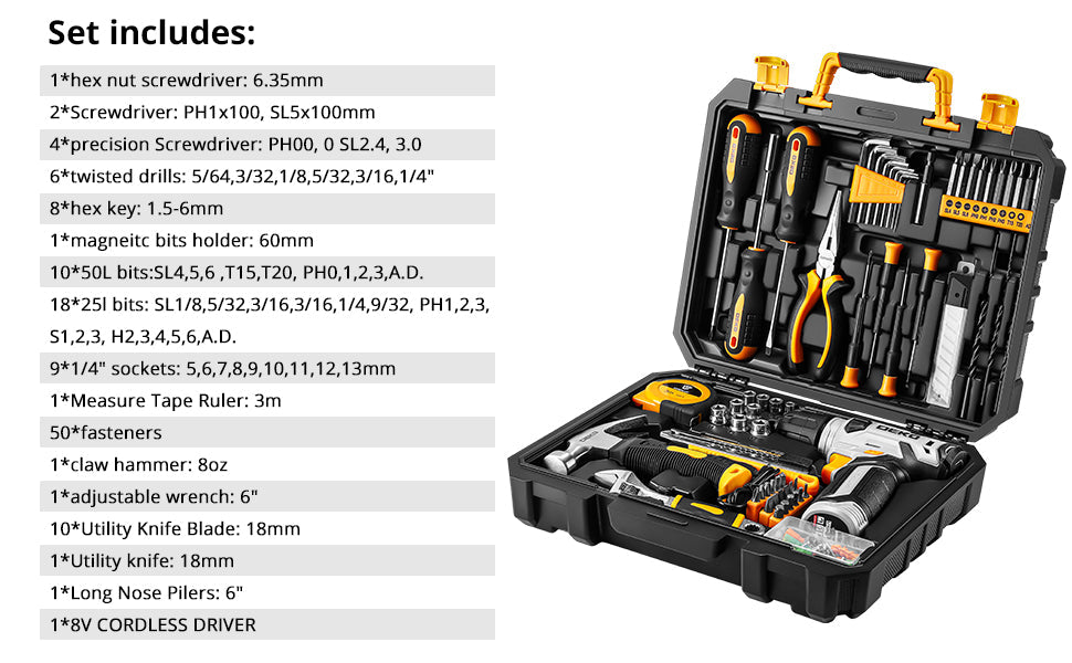 DEKO 126-Piece Power Tool Combo Kit – 8V Cordless Drill with 10MM Keyless Chuck, Professional Home Tool Set