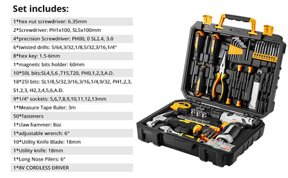 DEKO 126-Piece Power Tool Combo Kit – 8V Cordless Drill with 10MM Keyless Chuck, Professional Home Tool Set