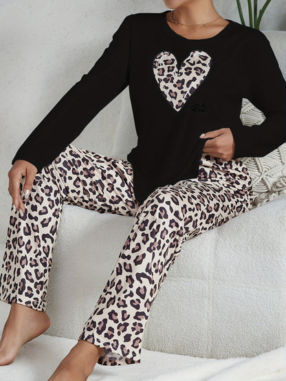 Leopard Print Long Sleeve Pajama Set with Heart Pattern – Women's Cozy Sleepwear