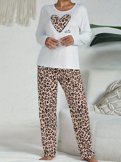Leopard Print Long Sleeve Pajama Set with Heart Pattern – Women's Cozy Sleepwear