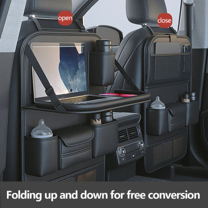 Premium PU Leather Backseat Organizer with Foldable Table Tray – Multi-Functional Vehicle Seat Storage Bag – Large Capacity for SUVs, Trucks and Vans