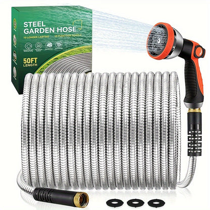 50FT/100FT/150FT Stainless Steel Garden Hose – No Kinks or Tangles, 10-Function Nozzle, Wear-Resistant and Leak-Proof Patio Water Hose