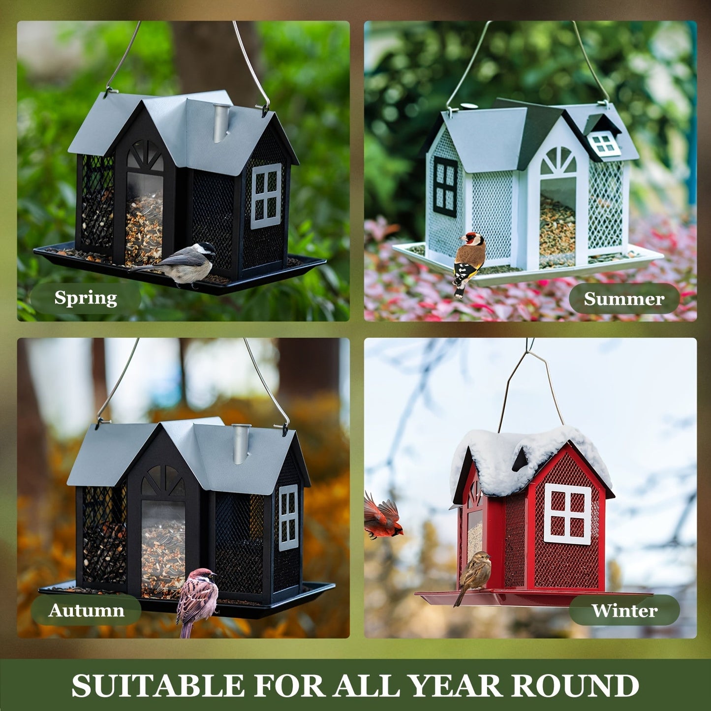 Kingsyard Metal Bird Feeder House – Weatherproof Wild Bird Feeder with Triple Feeders for Finch, Cardinal & Chickadee, Large Capacity