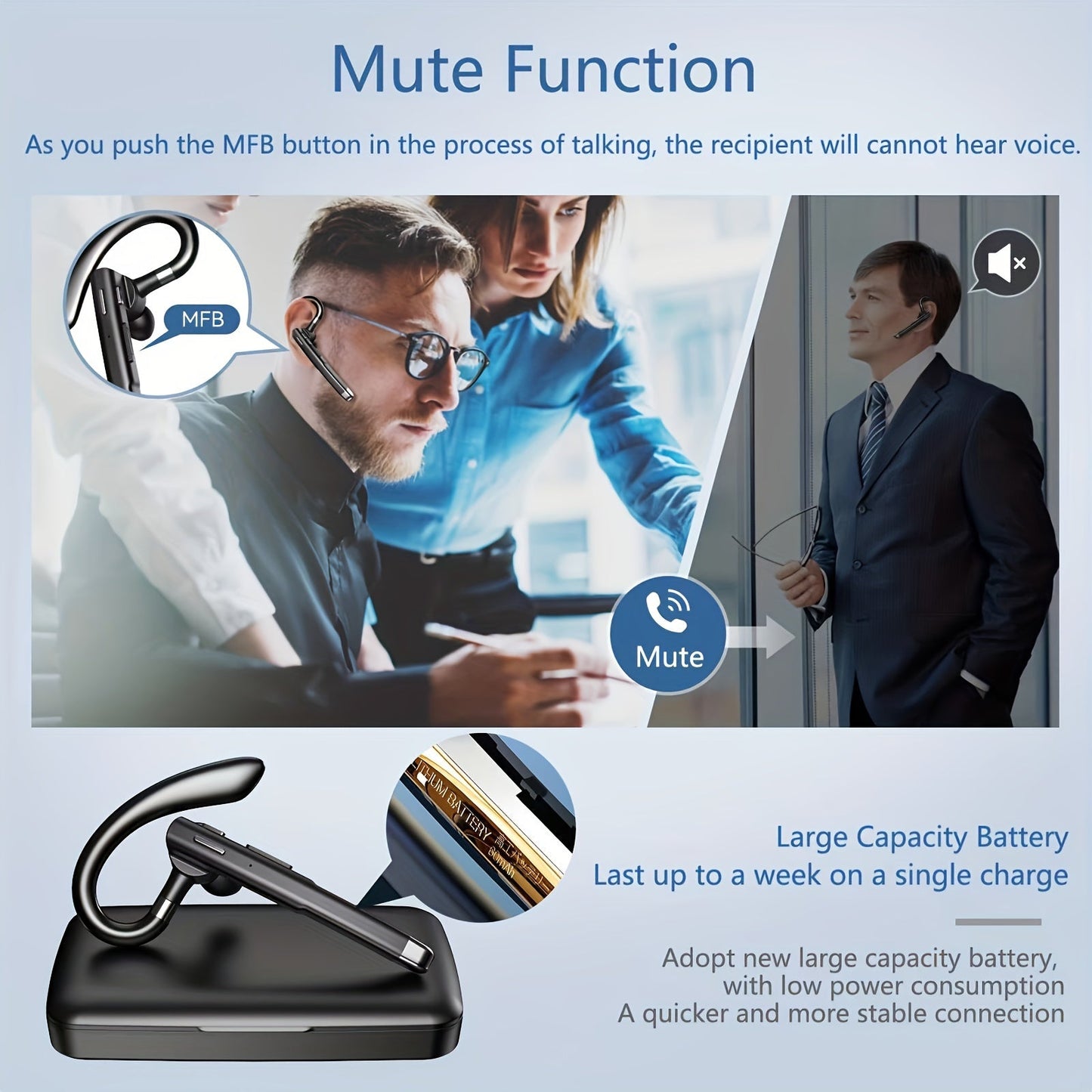 Mosyxe Wireless Business Headset - 120 Hour Standby, Built-in Microphone for iPhone & Android Phones