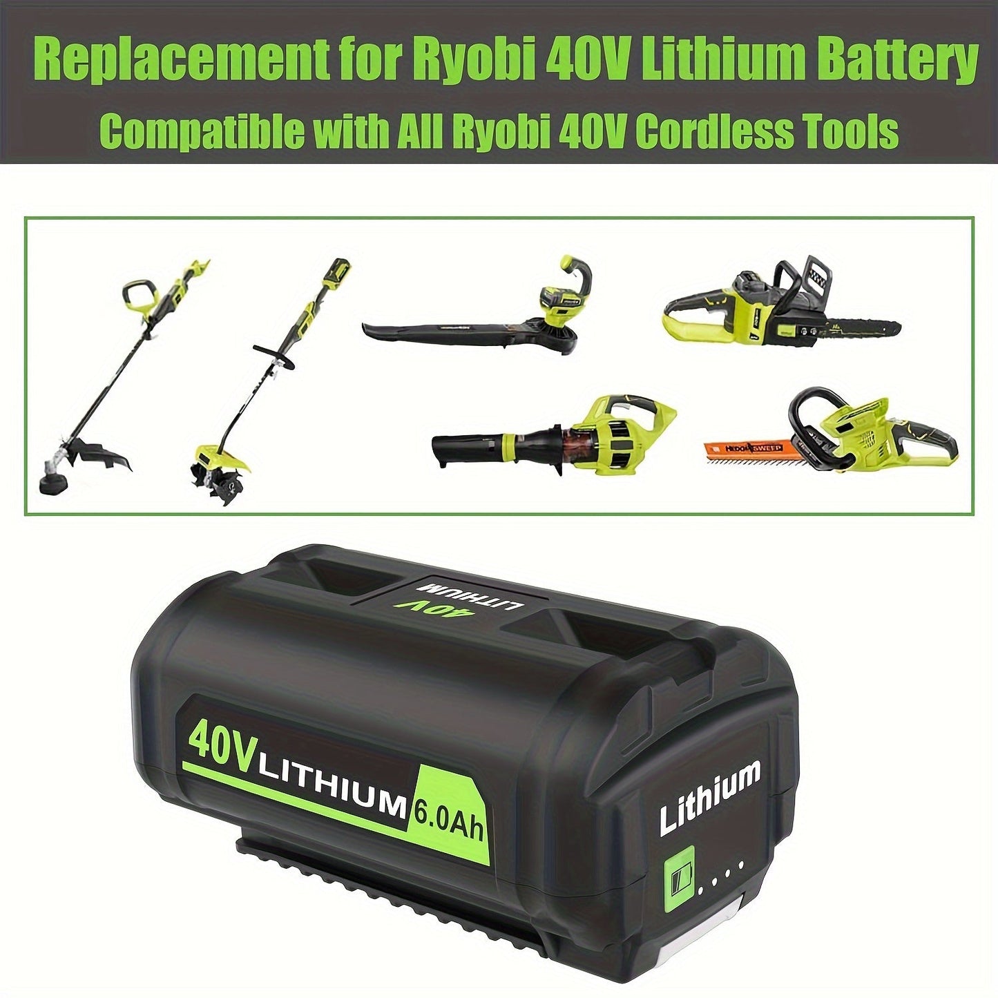 High-Capacity 40V 6.0Ah Lithium Battery Replacement – Compatible with Ryobi 40V Cordless Tools – Long-Lasting, Reliable, Safe Performance