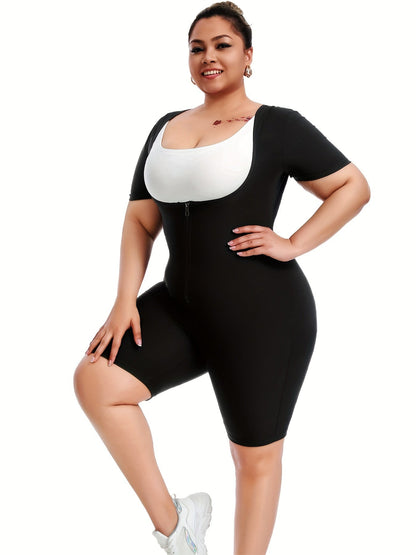 Women's Plus Size Zipper Short Sleeve Sweat Jumpsuit – Running Sweat Fitness Yoga Body Shaper Tunic with Butt Lifting Design