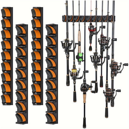 4 Pack PLUSINNO V9 Vertical Wall-Mounted Fishing Rod Holders – Heavy-Duty Aluminum, Holds Up to 36 Rods or Combos, Varnished Finish, Easy Installation, Fits Rods 3-19mm