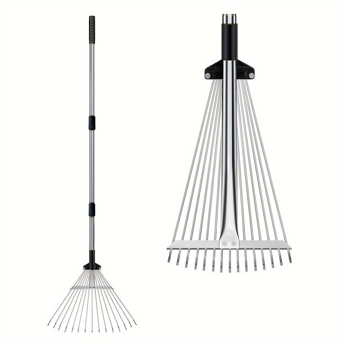 Adjustable Metal Leaf Rake with Long Handle - Heavy-Duty Garden Rake for Lawns, Expandable Head for Leaves, Perfect for Women, Kids, Gardening, and RV Camping