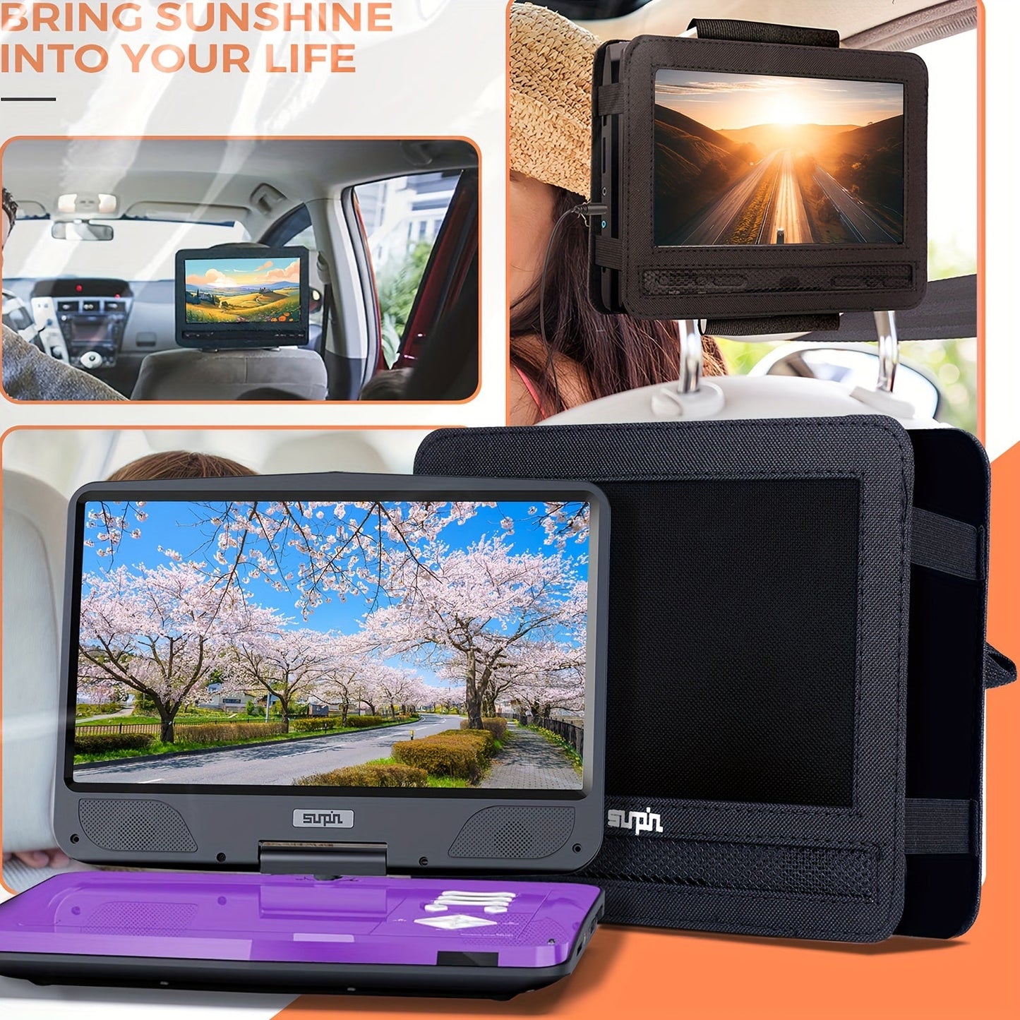12.5-inch Portable DVD Player - 10.5-inch HD Swivel Screen, Dual Headphone Jacks, 5-Hour Battery, USB/SD/TV Sync, Car Mount, Purple
